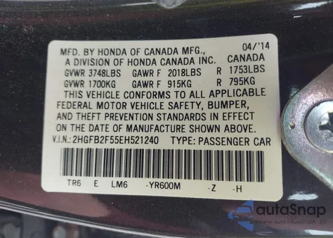 2014 Honda Civic Lx from USA, damaged, VIN 2HGFB2F55EH521240